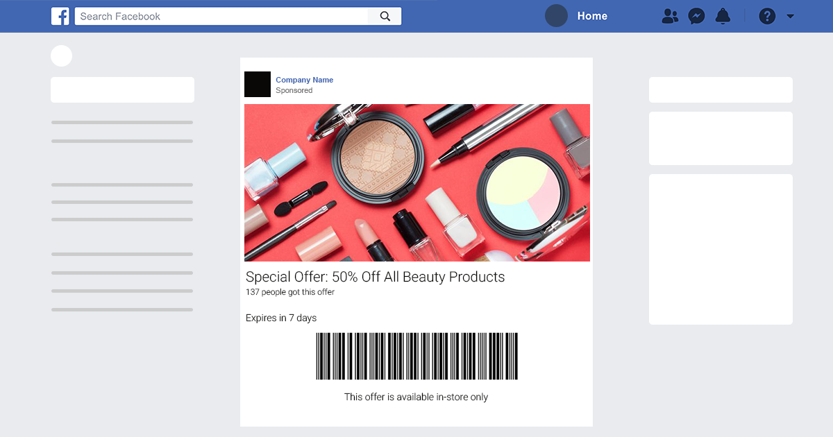 Ad shows beauty products: bronzer, eyeshadow, and nail polish. With text 50% off special offer. 