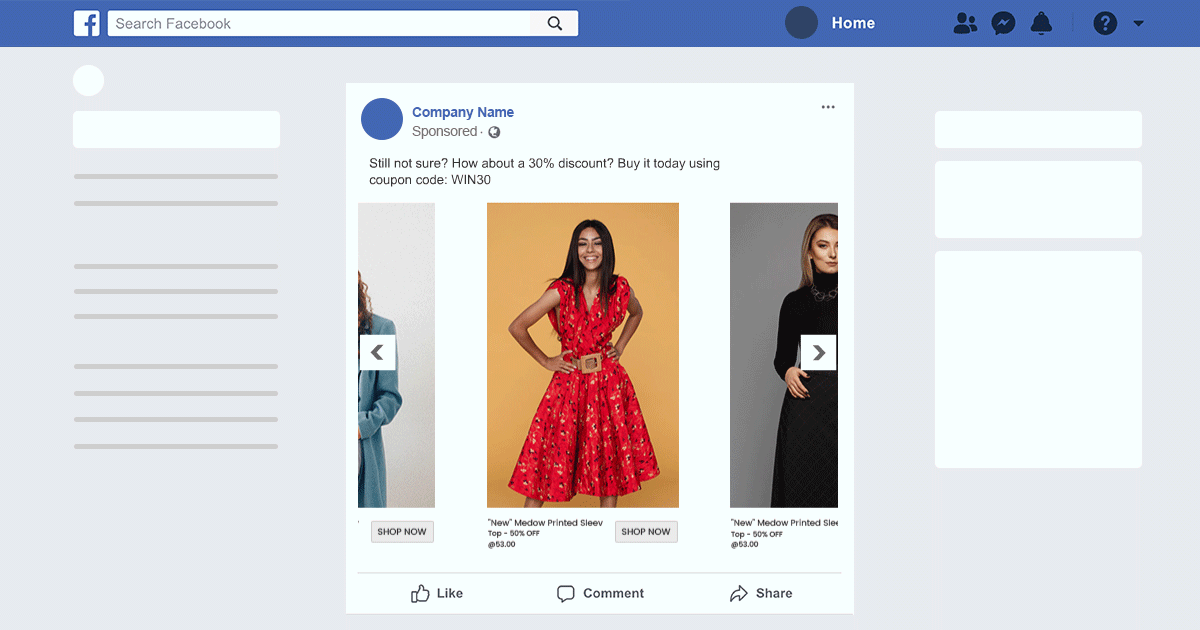 Retargeted Ad reads "Still not sure? How about a 30% discount? Buy it today..." and shows a slide show of various products: red dress, black dress, blue robe, maroon dress. 